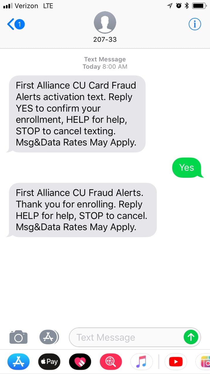 First Alliance Debit Card Fraud Notification Text Message Alerts